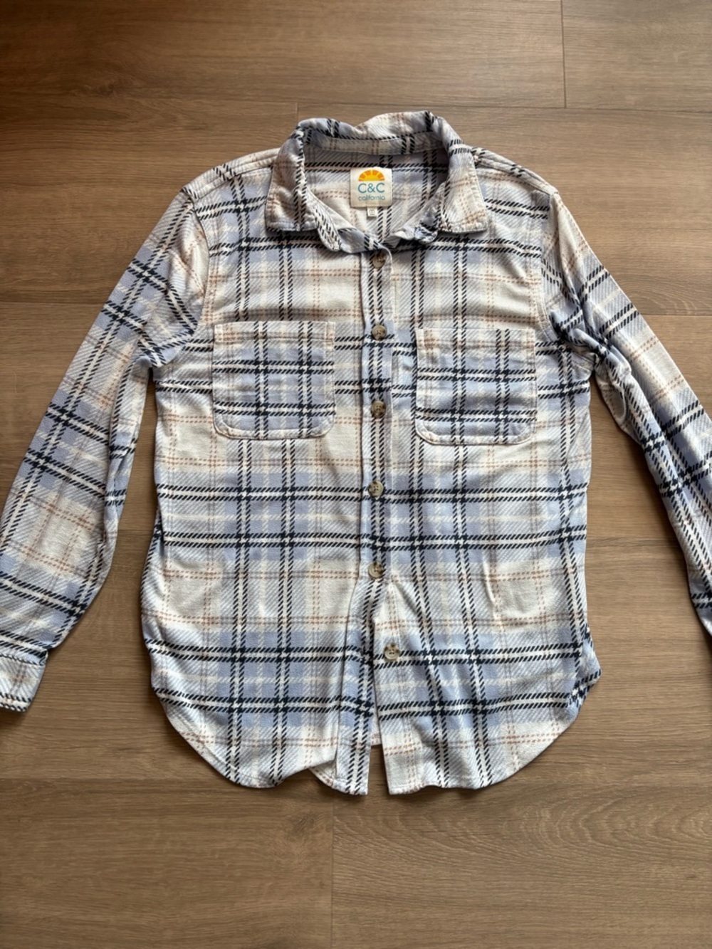 C&C California Light Blue and Cream Plaid Button Down Shirt- size M